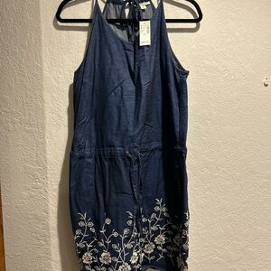Dressbarn Blue Halter Dress with White Floral Embroidery